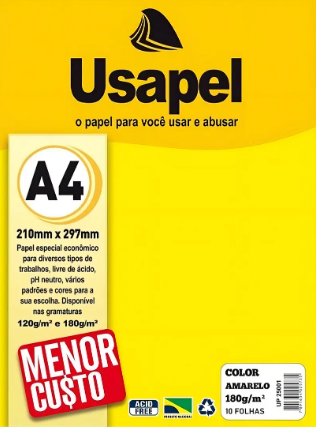 USAPEL COLOR AMARELO 180G/M2 210X297MM(A4) 50FLS