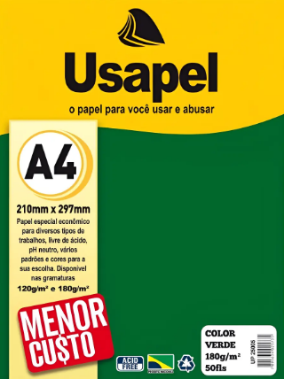 USAPEL COLOR VERDE 180G/M2 210X297MM(A4) 50FLS